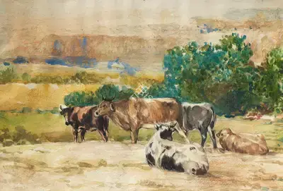 Ustad Allah Bukhsh (Artist), Cows in Landscape, Painting