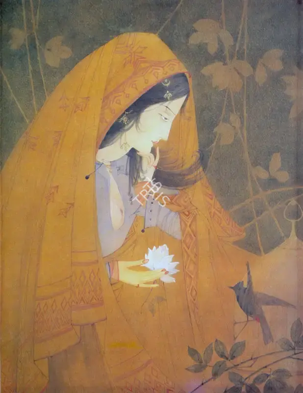 M.A.R. Chughtai (Artist), A Woman holding a Lotus with a song Bird, 1920, Painting