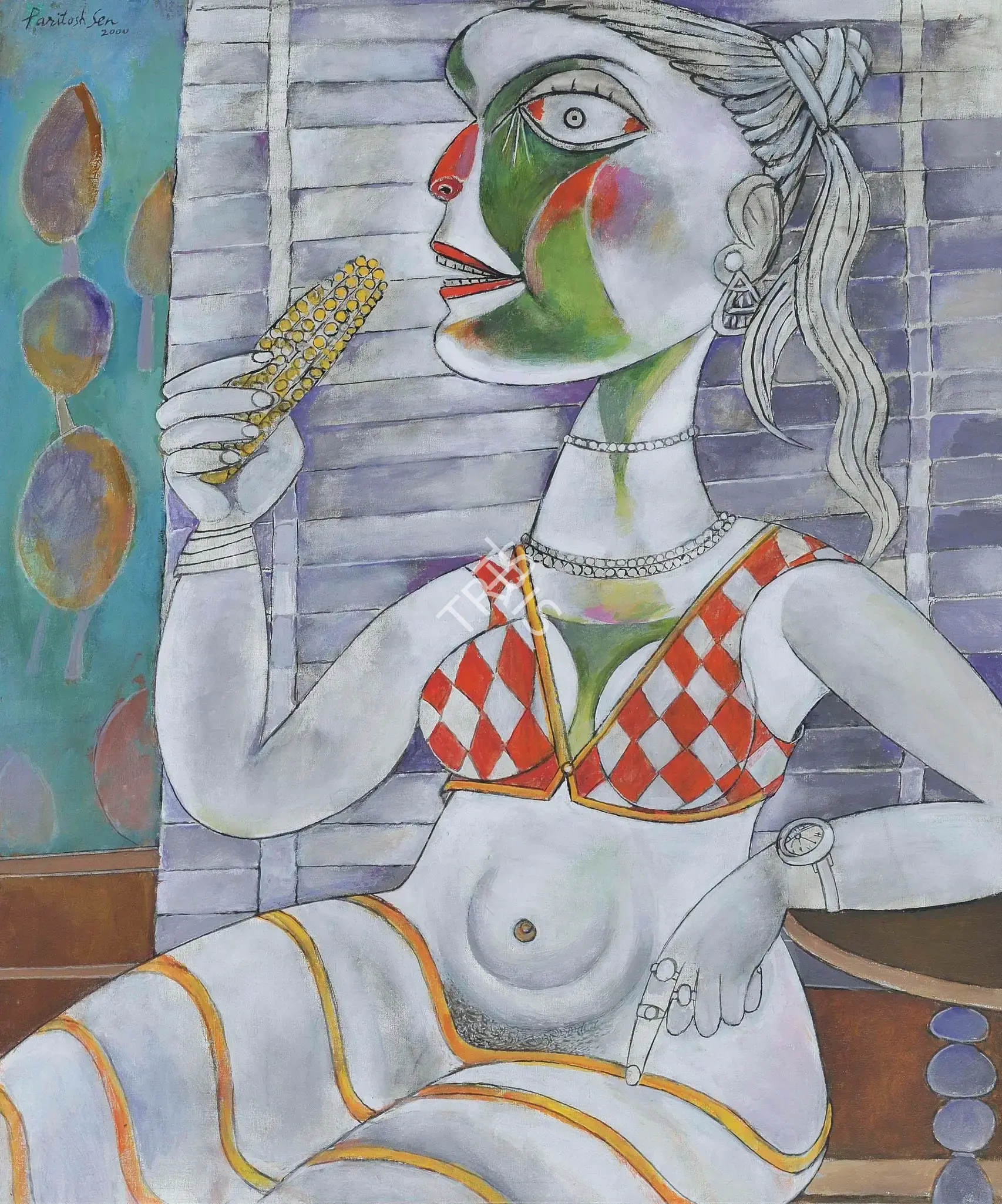 Paritosh Sen (Artist), Woman Eating Bhutta, 2000, Painting