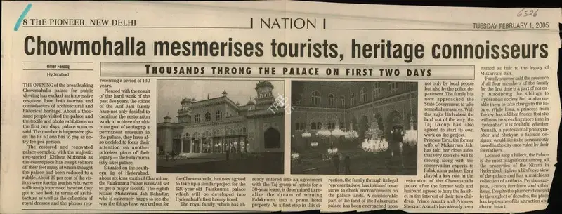 Omer Farooq (Reporter), Chowmohalla Mesmerises Tourists, Heritage Connoisseurs, 2005, Newspaper Clipping