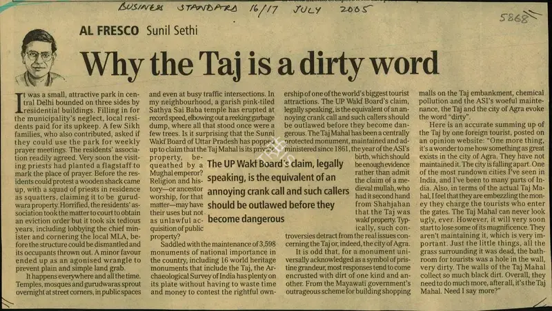 Sunil Sethi (Writer), Why the Taj is a Dirty Word, 2005, Newspaper Clipping