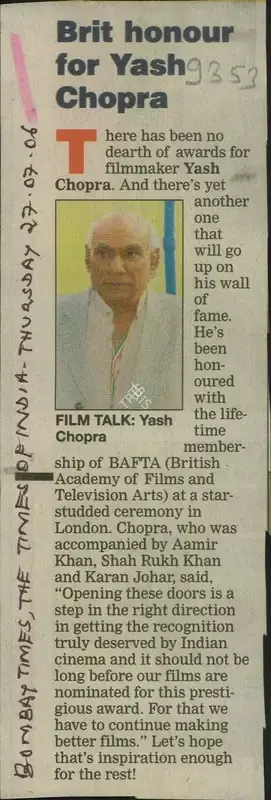 Bharati Dubey (Reporter), Brit Honour For Yash Chopra, 2006, Newspaper Clipping