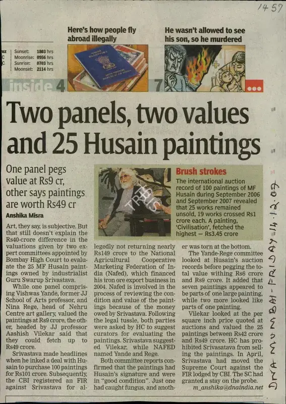 Anshika Mishra (Reporter), Two Panels, Two Values and 25 Husain Paintings, 2007, Newspaper Clipping