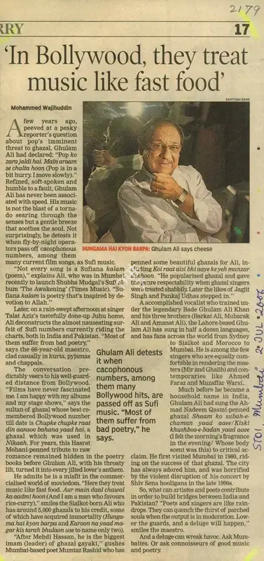 Mohammed Wajihuddin (Writer), In Bollywood, They Treat Music Like Fast Good, 2006, Newspaper Clipping