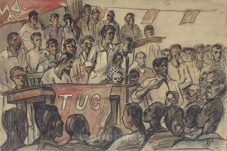 Choudhury, Bijon (Artist). Tuc Rally In Calcutta. Mixed media on paper, c.1946 | Painting | FineArts | 00375381