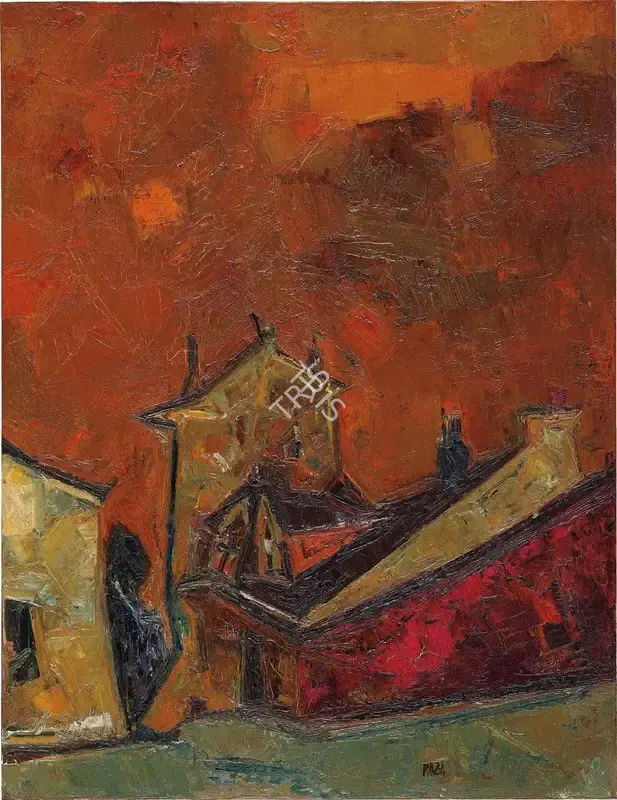 S.H. Raza (Artist), Village au ciel orange, 1956, Painting