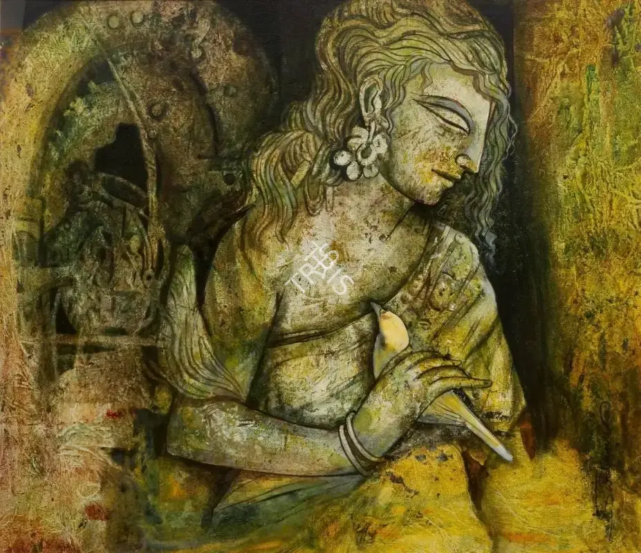 Sarbani Ganguly (Artist), Woman holding a bird, Painting