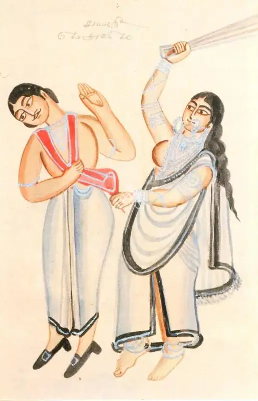 Kalighat School (Artist), Wife beating her Husband, 1910, Painting