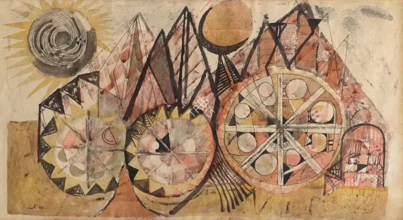 Avinash Chandra (Artist), Three Wheels, 1960, Painting