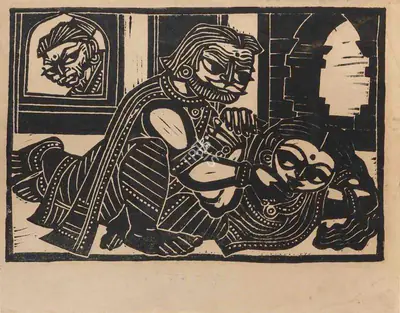 Chittaprosad (Artist), Ramayan Series: Dasharatha and Kaikeyi with Manthara watching, 1968, Painting