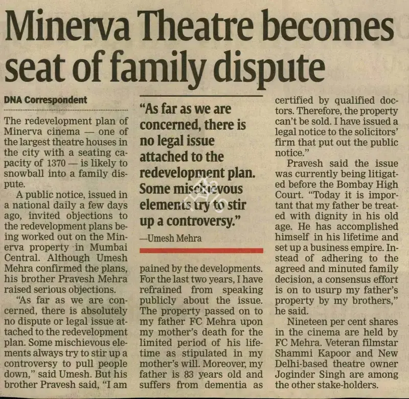 Umesh Mehra (Writer), Minerva Theatre Becomes Seat of Family Dispute, 2006, Newspaper Clipping