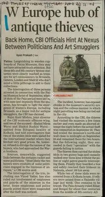Gyan Prakash (Reporter), W Europe hub of Antique thieves, 2006, Newspaper Clipping