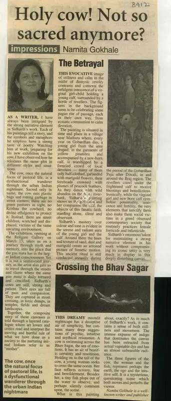 Namita Gokhale (Writer), Holy Cow ! Not So Sacred Anymore, 2010, Newspaper Clipping