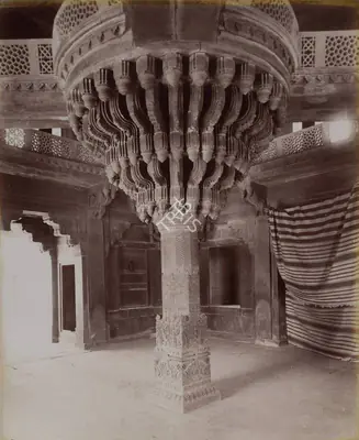 Samuel Bourne (Photographer), Carved Pillar Interior, Dewan -I- Khas. Fatehpur Sikri, 1865, Antiquarian Photograph