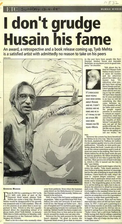 Shriya Patil (Writer), I Don't Grudge Husain His Fame, 2005, Newspaper clipping