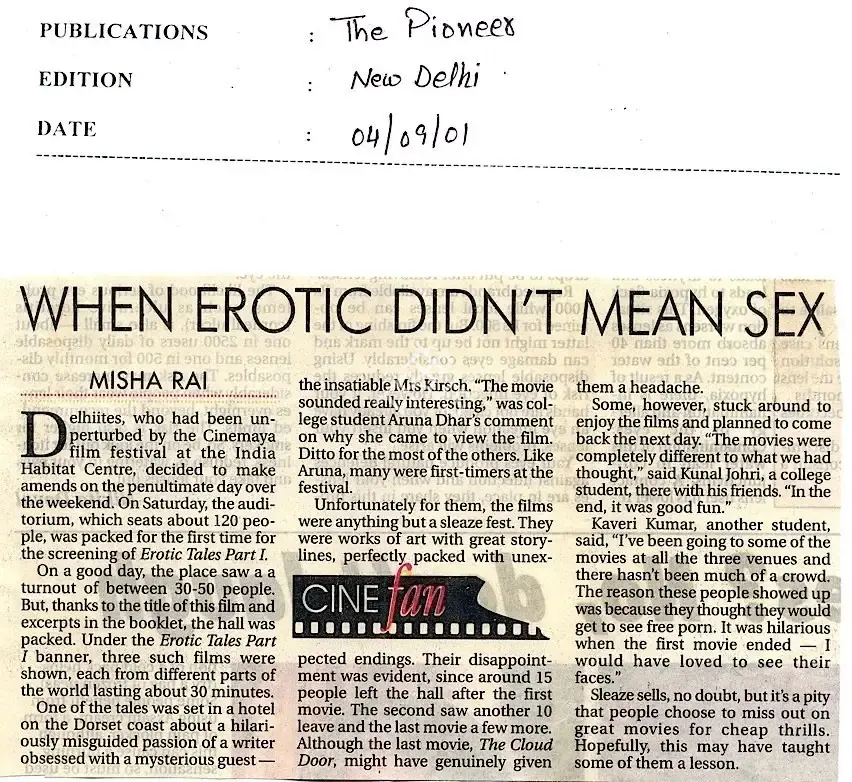 Misha Rai (Reporter), When Erotic Didn't Mean Sex, 2001, Newspaper Clipping