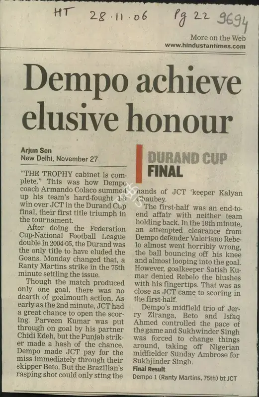 Arjun Sen (Writer), Dempo Achieve Elusive Honour, 2006, Newspaper Clipping