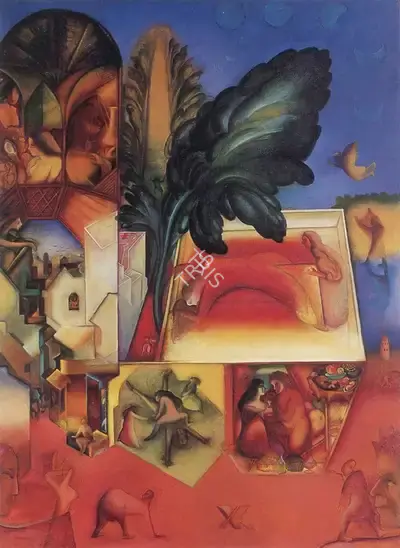 G.M. Sheikh (Artist), The Story of Aziz and Aziza, 1989, Painting