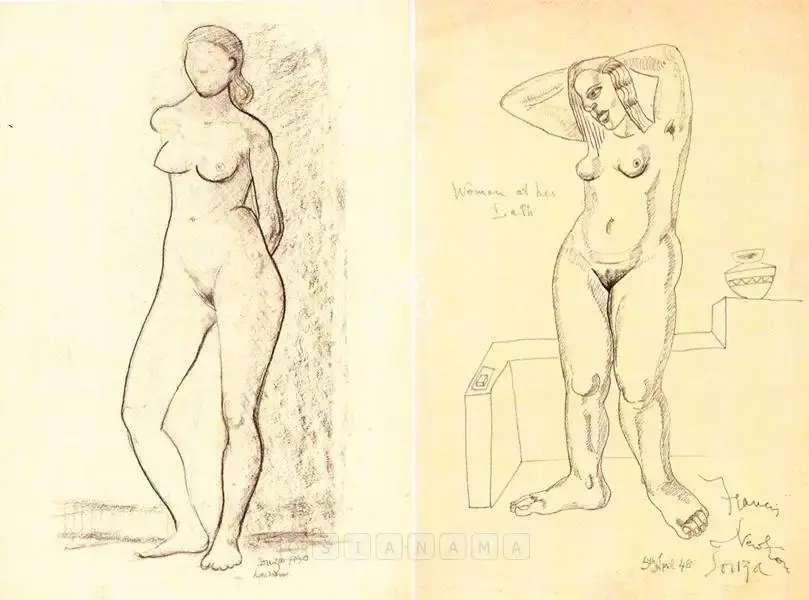 F.N. Souza (Artist), Untitled (Standing Female Nude); Untitled (Incomplete Study Of Standing Female) (verso), 1950, Drawing