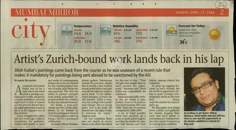 Vishwas Kulkarni (Reporter), Artist's Zurich-bound Work Lands back in his Lap, 2008, Newspaper Clipping
