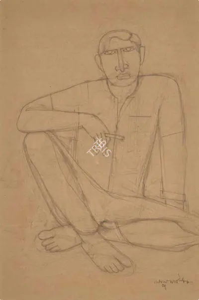Lalu Prasad Shaw (Artist), Man smoking, 1988, Drawing