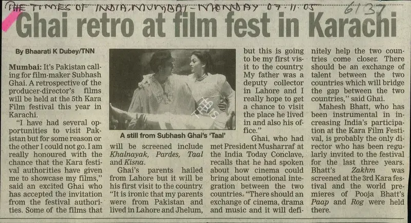 Bhaarati K. Dubey (Reporter), Ghai retro at film fest in Karachi, 2005, Newspaper Clipping