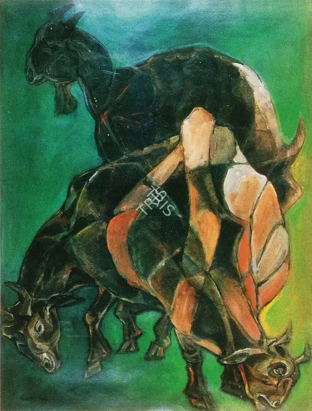 Paritosh Sen (Artist), Three Goats, 1988, Painting