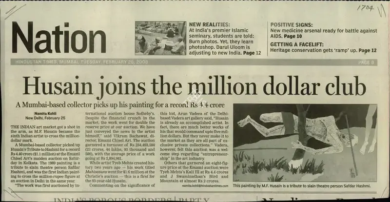 Namita Kohli (Reporter), Husain joins the million dollar club, 2008, Newspaper Clipping