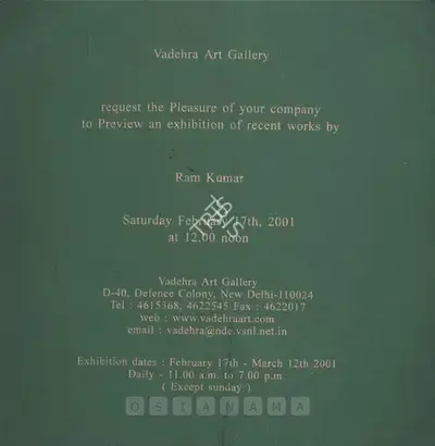 Ramkumar (Artist), Ram Kumar, 2001, Solo Exhibition Invitation