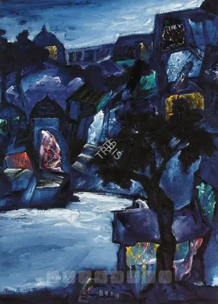 Manu Parekh (Artist), Benaras In The Moonlight, 1991, Painting