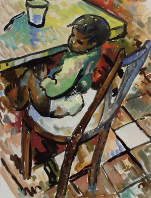 M.F. Husain (Artist), Small boy sitting in a Chair, 1948, Painting