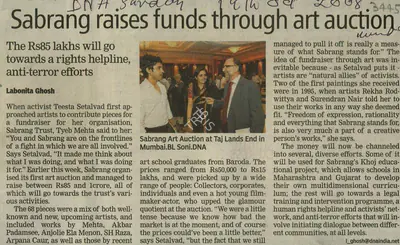 Labonita Ghosh (Reporter), Sabrang Raises Funds through an Art Auction, 2008, Newspaper Clipping