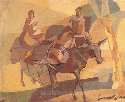 Jamil Naqsh (Artist), Untitled (Two Women Seated In Donkeys), Painting