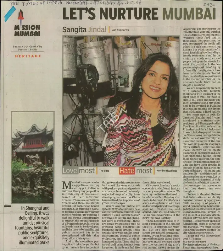 Sangita Jindal (Writer), Let's Nurture Mumbai, 2006, Newspaper Clipping