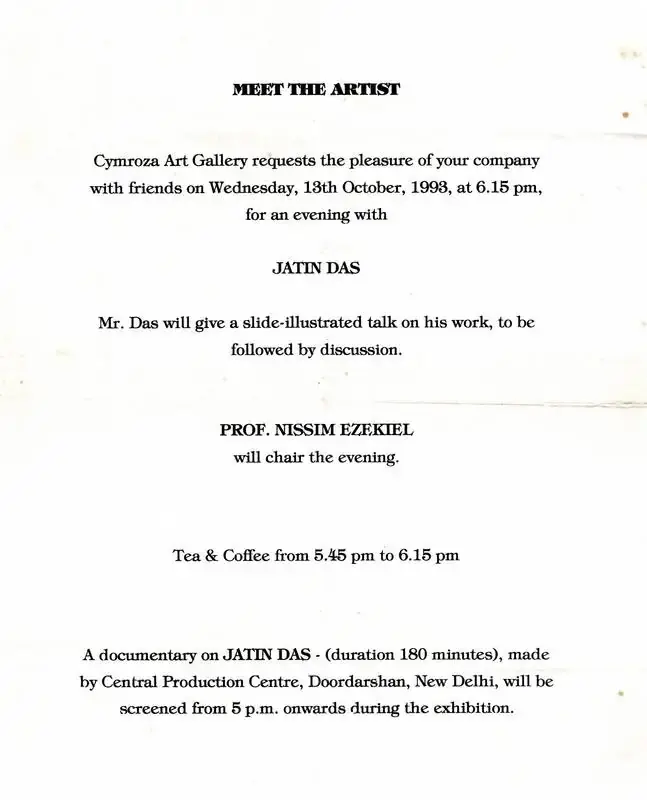 Jatin Das (Artist), Jatin Das, 1993, Solo Exhibition Invitation