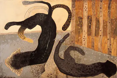R.B. Bhaskaran (Artist), Cats, 1979, Painting