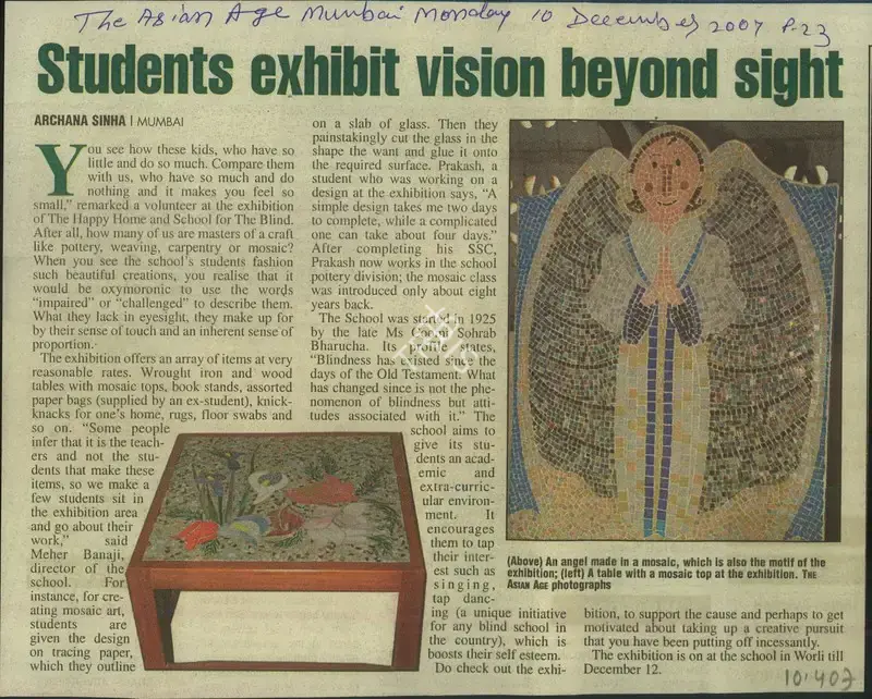 Archana Sinha (Reporter), Students Exhibit Vision Beyond Sight, 2007, Newspaper Clipping