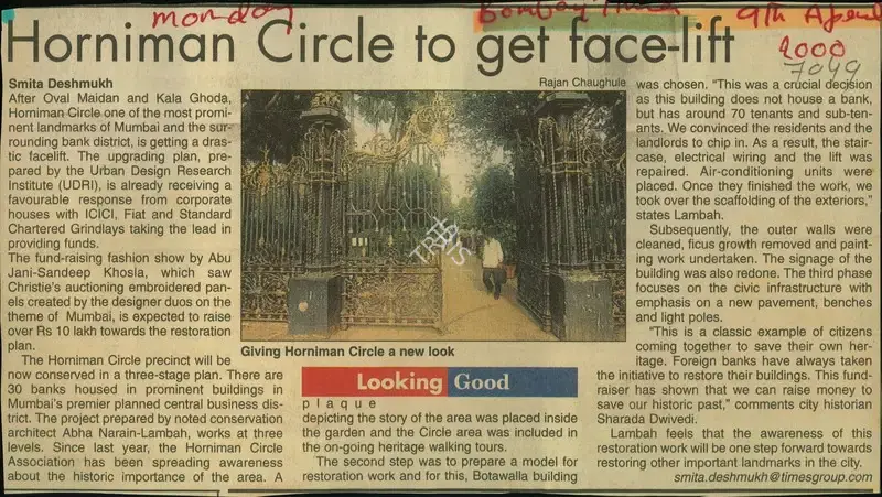 Smita Deshmukh (Reporter), Horniman Circle to get face-lift, 2000, Newspaper Clipping