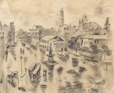 S.H. Raza (Artist), Flora Fountain, Bombay, 1946, Drawing