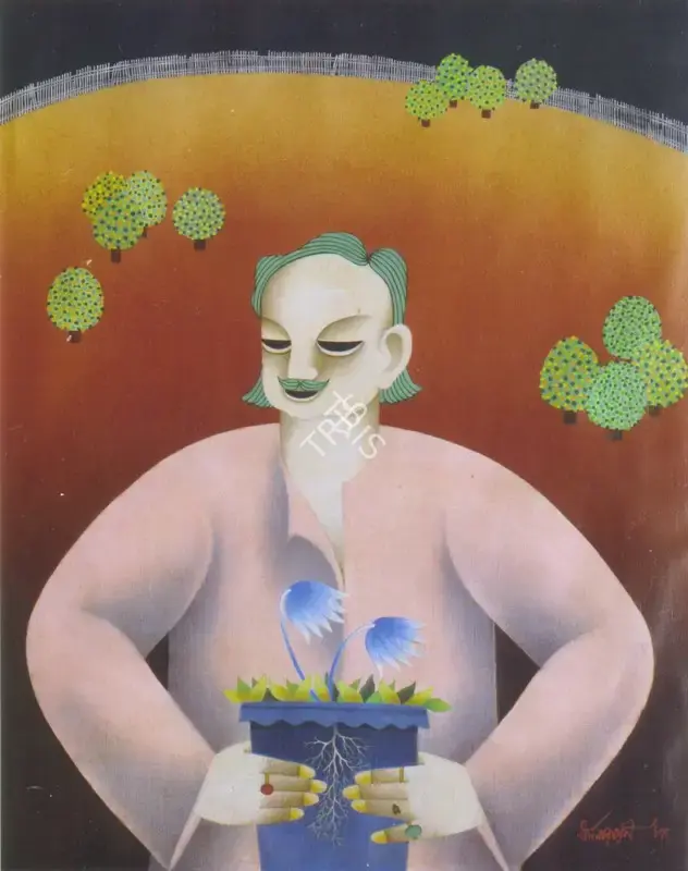 Dharmanarayan Dasgupta (Artist), Man With Flower Pot, 1984, Painting