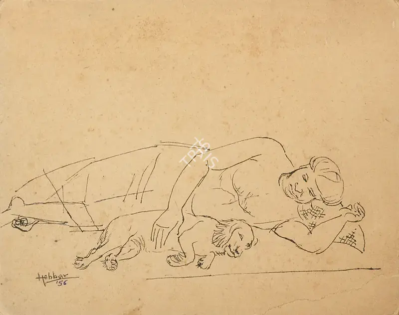 K.K. Hebbar (Artist), N S Bendre with his pet dog, 1956, Drawing