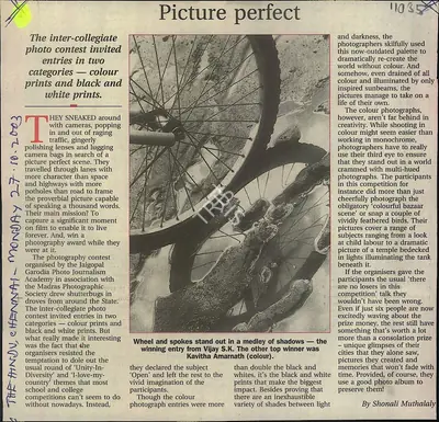 Shonali Muthalaly (Reporter), Picture Perfect, 2003, Newspaper Clipping