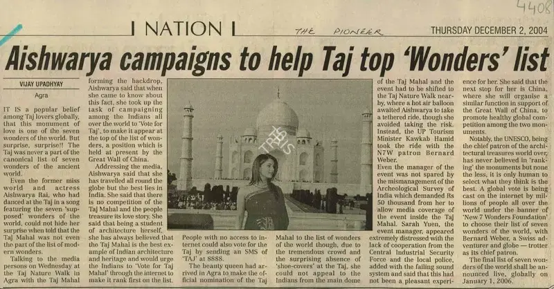 Vijay Upadhyay (Reporter), Aishwarya Campaigns to help Taj Top 'Wonders' list, 2004, Newspaper Clipping