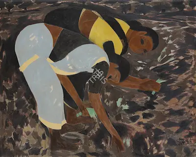 Bendre, N.S. (Artist). Untitled (Two Women Working), 1968 | Painting, Sa.Mum/06.04.22, 2022 · Saffronart