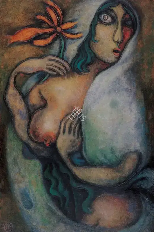 Prokash Karmakar (Artist), Woman with Flower, 1985, Painting
