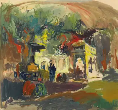 S.H. Raza (Artist), Untitled (Temple Scene), 1955, Painting