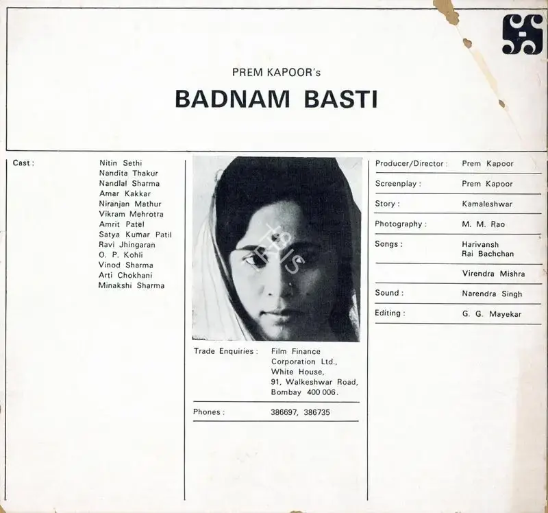 Prem Kapoor (Producer), Badnam Basti, 1971, Song-Synopsis Booklet