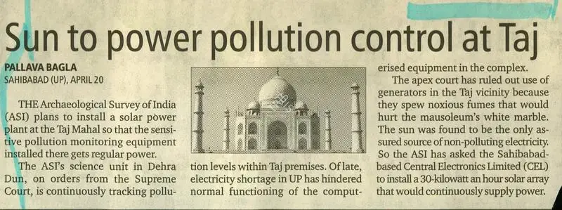 Pallava Bagla (Reporter), Sun ato Power Pollution Control At Taj, 2002, Newspaper Clipping