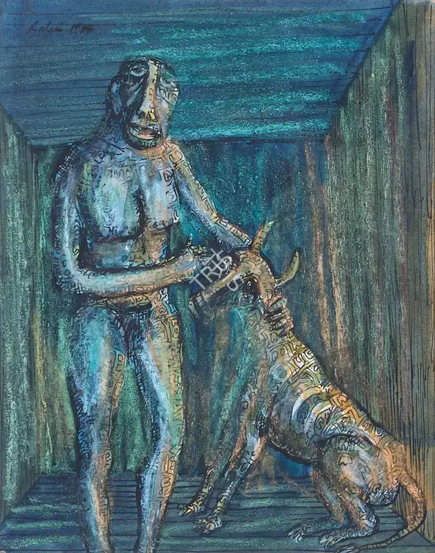 Rabin Mondal (Artist), Man with Dog, 1988, Painting