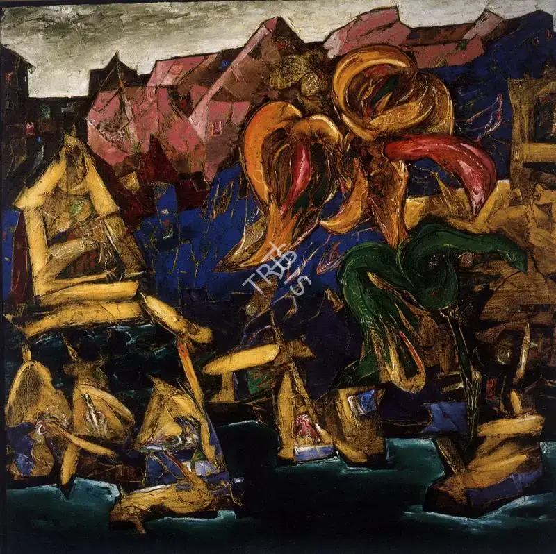 Manu Parekh (Artist), Flying Flower on Ganga, 1989, Painting